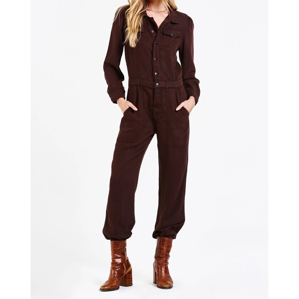Dear John Womens Long Sleeve Utility Jumpsuit Brown Twill Boiler Suit Size M